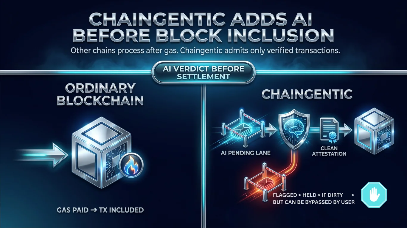 Chaingentic adds AI before block inclusion: an ordinary blockchain includes a transaction once gas is paid; Chaingentic runs an AI verdict before settlement and admits only verified transactions, holding flagged ones (bypassable by the user).